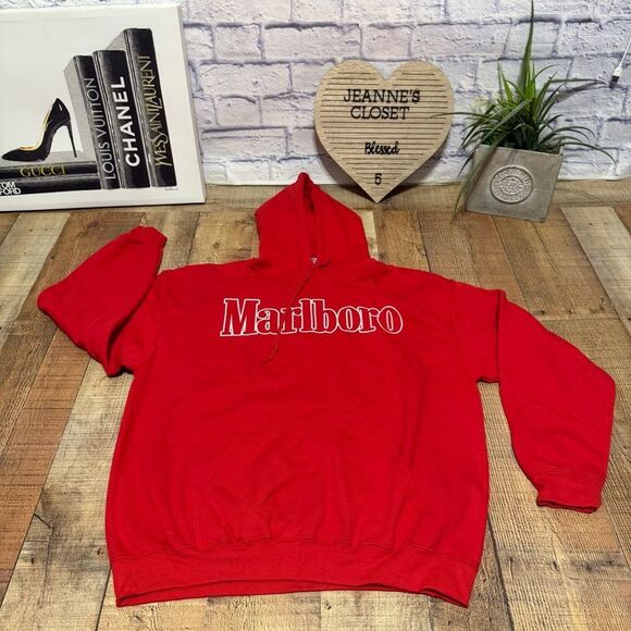 Vintage 90’s Marlboro Logo Red Drawstring Hoodie Sweatshirt Size L - Picture 13 of 13